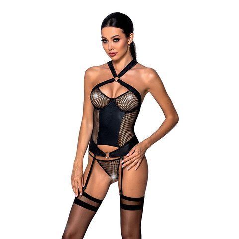 Сетчатый комплект корсет с халтером, съемные подвязки и трусики Passion AMANDA CORSET S/M, black SO5319 фото