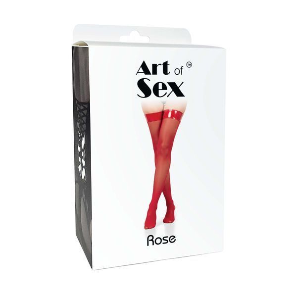 Панчохи в дрібну сітку з лакованою коронкою Art of Sex - Rose, колір червоний, L SX3462 фото