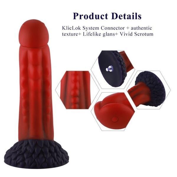 Фалоімітатор для секс-машин Hismith 8.35&Prime; Curved Silicone Dildo Red Monster Series, система KlicLok SO9966 фото