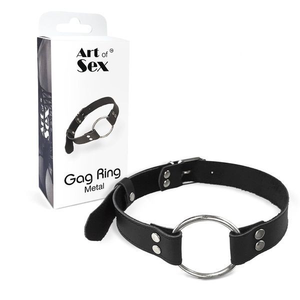 Кляп металеве кільце на ременях Art of Sex &ndash; Gag Ring Metal, чорний, натуральна шкіра SO6790 фото